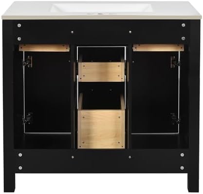 36'' Bathroom Vanity with Ceramic Sink Combo Set, Modern Freestanding Single Bathroom Cabinet with 4 Drawers & 2 Cabinets, Storage Cabinet, Solid Wood Frame Vanity Set (Black)