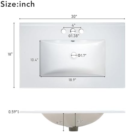 Bathroom Vanity, 30" Bathroom Vanity with Sink, Modern Storage Cabinet with 3 Drawers & 1 Door, Freestanding Bathroom Vanities, Solid Wood Frame for Small Space 30'' x 18'' x 34'' (White)