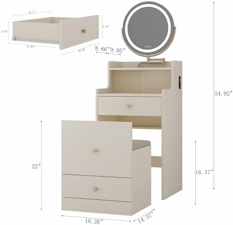 3 in 1 Vanity Desk with Flip Top Mirror, Small Make Up Vanity Set with Mirror and Lights, Compact Makeup Vanities with 2 Drawers, Cushioned Stool, Dressing Table for Bedroom (Light Yellow)