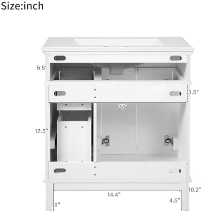 30'' Bathroom Vanity with Single Sink Combo, Freestanding Modern Bathroom Storage Sink Cabinet, Storage Cabinet with 2 Drawers & 2 Door, Solid Wood Frame for Small Bathrooms, White