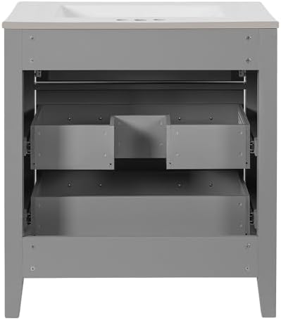 30'' Bathroom Vanity with Ceramic Sink Combo, Bathroom Vanity Storage Cabinet with Gold Pull, 1 Tip-Out Drawer & 2 Drawers, Solid Wood Frame Storage Vanities with Sink (Gray)