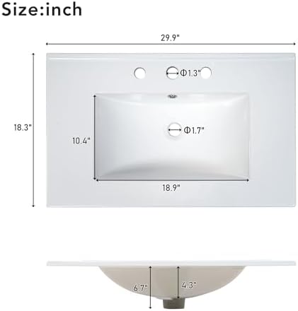 30″ Bathroom Vanity with Ceramic Sink, Modern Bathroom Vanity Cabinet with 2 Doors, Freestanding Mid-Century Restroom Sink Cabinet Combo with U-Shaped Adjustable Shelf (30")
