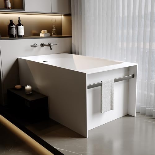 51'' Solid Surface Freestanding Bathtub, Stone Resin Stand Alone Soaking Tub, Modern Rectangular Freestanding Tubs with Overflow, Pop-up Drain, Thick Edge, Matte White