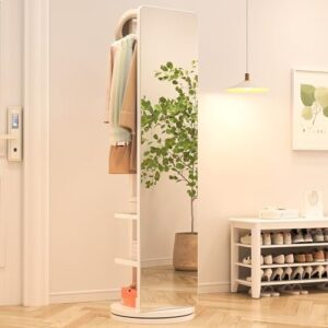 68'' x 19" Full Length Mirror with Storage Stand, Solid Wood Floor Large Long 360° Swivel Mirror for Bedroom, Living Room, Cloakroom, Office, Small Space, Small Apartment, Dormitory (White)