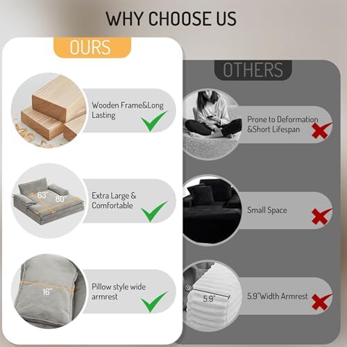 80'' Oversized Chaise Lounge Chair Indoor, Comfy Cloud Couch, Sleeper Sofa Bed, Deep Seat Loveseat Couch, Couches for Living Room, Reading Nook, or Bedroom (Grey)