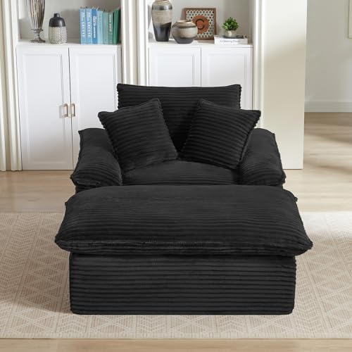 51'' Chaise Lounge Chair Indoor with Ottoman, Oversized Corduroy Upholstered Boneless Sofa Bed, Deep Seat Sleeper Couch Reading Chairs, Cloud Sofas Couches for Living Room (Black)