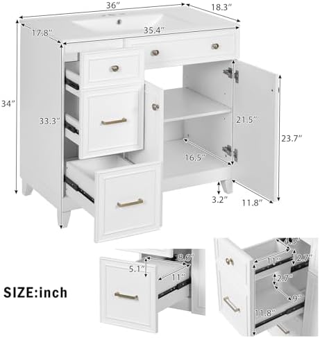 36" Bathroom Vanity with Ceramic Sink, Standard and Double-Layer Drawers, Soft Close Doors, Adjustable Shelves, Modern Storage Cabinet for Small and Medium Bathrooms (White)