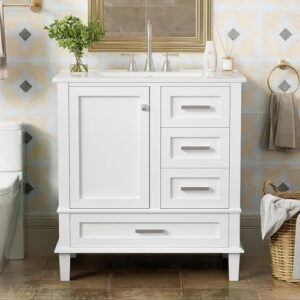 30" Bathroom Vanity with Sink and 4 Drawers & 1 Door Cabinet, Easy Assembly Modern Bathroom Vanities Storage Cabinet for Guest Baths Master Suites or Rental Units (White, 30 Inches)
