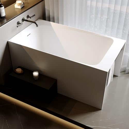 51'' Solid Surface Freestanding Bathtub, Stone Resin Stand Alone Soaking Tub, Modern Rectangular Freestanding Tubs with Overflow, Pop-up Drain, Thick Edge, Matte White