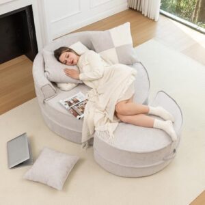 Oversized Round Chaise Longue Chair Indoor with Ottoman, Soft Velvet Upholstered Accent Barrel Chair, Cloud Large Circle Sleeper Sofa Chairs with 5 Pillows for Reading, Living Room, Bedroom (Gray)