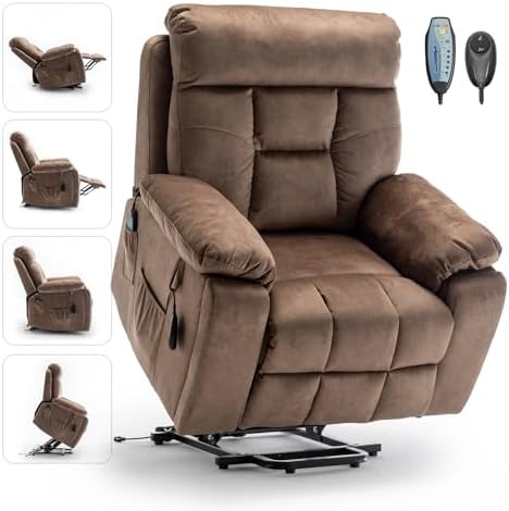 Cloud Power Lift Recliner with 26'' Extra Wide Seat for Large Weight Elderly, Maximum Weight 400lb, Velvet Comfort Lift Lazy Boy Recliner Chair with Massage and Lumbar Heat with Cup Holder and Pocket