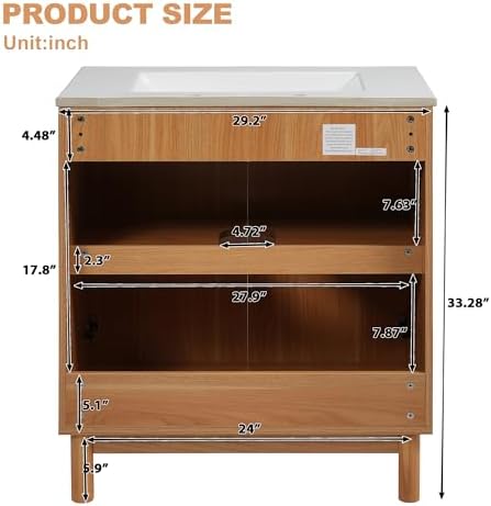 30″ Bathroom Vanity with Ceramic Sink, Modern Bathroom Vanity Cabinet with 2 Doors, Freestanding Mid-Century Restroom Sink Cabinet Combo with U-Shaped Adjustable Shelf (30")