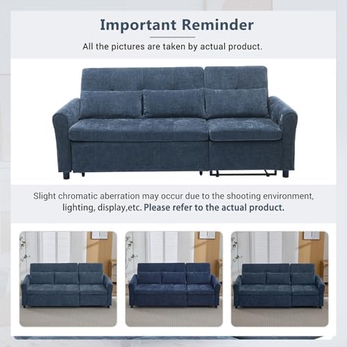 2-in-1 Sleeper Sofa with Pull Out Couch Bed and a Reversible Recliner, 82'' Convertible Chenille Cloud Couch with USB & Adjustable Backrest Comfy Recliner Couches for Living Room Apartment (Blue)