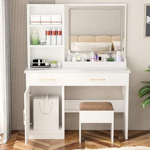 32'' Makeup Vanity Desk with Mirror and Lights, Large LED Mirror with 3 Color Modes, Makeup Vanity with Power Outlet & USB Ports, 6 Open Shelves & 2 Drawers for Women & Girls