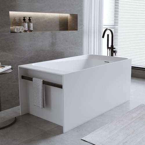 51'' Solid Surface Freestanding Bathtub, Stone Resin Stand Alone Soaking Tub, Modern Rectangular Freestanding Tubs with Overflow, Pop-up Drain, Thick Edge, Matte White