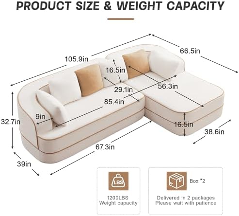 106" L-Shaped Boneless Couches for Living Room, Cloud Couch with Contrast Color Design, Modular Sectional Sofa with Deep Seat, Comfy Teddy Sofa No Assembly Required (White, Right Facing Chaise)