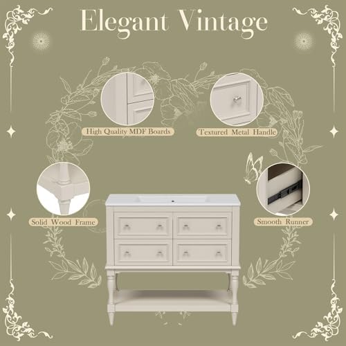 36" Bathroom Vanity with Sink, Bathroom Vanities, FreeStanding Vanity Set with 4 Drawers, Solid Wood Frame Bathroom Cabinet (Beige)