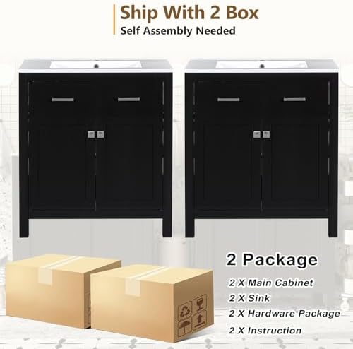 60" Modern Bathroom Vanity with Double Vanities, Double Ceramic Sinks, Adjustable Shelf, Soft Close Doors and Flip Drawer, Large Bathroom Vanity Sink Set (Black)