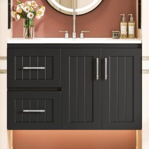 36'' Bathroom Vanity with Sink, Floating Single Sink Bathroom Vanities with Adjustable Shelf, Wall-Mounted Bath Room Vanity, Modern Storage Cabinet for Small Spaces (Black)