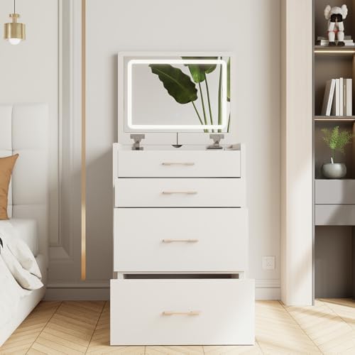 3 in 1 Vanity Desk with Flip Top Mirror, Small Make Up Set with Visible Glass Desktop, Compact Makeup Vanity with 3 Drawers Hidden Storage & Cushioned Stool, Dressing Table for Bedroom