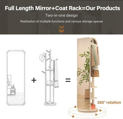68'' x 19" Full Length Mirror with Storage Stand, Solid Wood Floor Large Long 360° Swivel Mirror for Bedroom, Living Room, Cloakroom, Office, Small Space, Small Apartment, Dormitory (White)