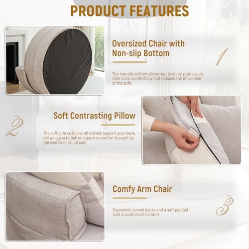 Oversized Round Chaise Longue Chair Indoor with Ottoman, Soft Velvet Upholstered Accent Barrel Chair, Cloud Large Circle Sleeper Sofa Chairs with 5 Pillows for Reading, Living Room, Bedroom (Gray)