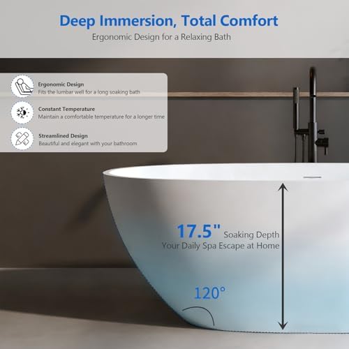 71″ Freestanding Solid Surface Bathtub, Oval Thick Edge Matte White Stone Resin Stand Alone Soaking Tub, Ergonomic Free standing Flatbottom Tubs with Overflow, Pop-up Drain (Matte White, 71")