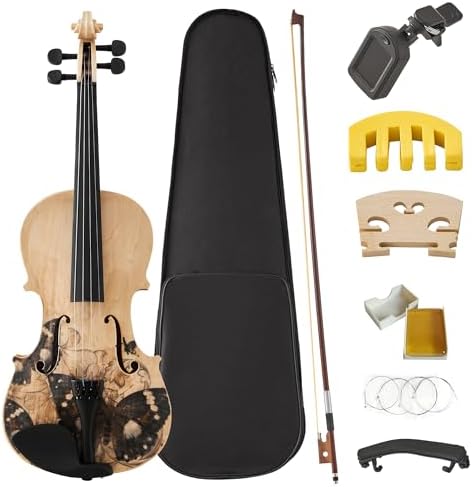 Beginner Violin 4/4 Full Size Kit, Violin Fiddle Set for Professional, Teens, Student, Hand Carved Acoustic Violins Set with Bow, Rosin, Shoulder Rest, Extra Strings and a Lightweight Hard Case