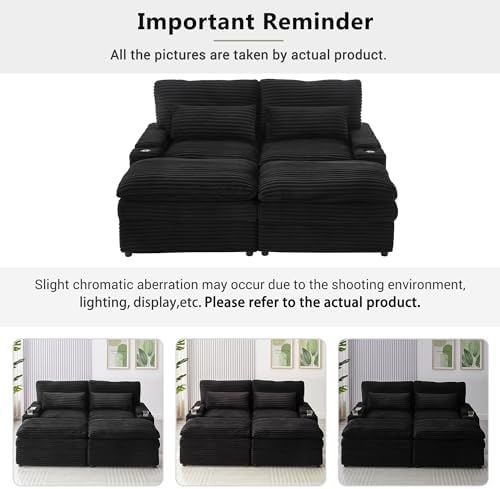 70.9" Oversized Double Lounge Chaise | Loveseat Sofa | Sectional Convertible Sofa Bed | USB Ports | Cup Holders | Storage Space | Cloud Plush Couch Bed | Living Room Reading (Black)