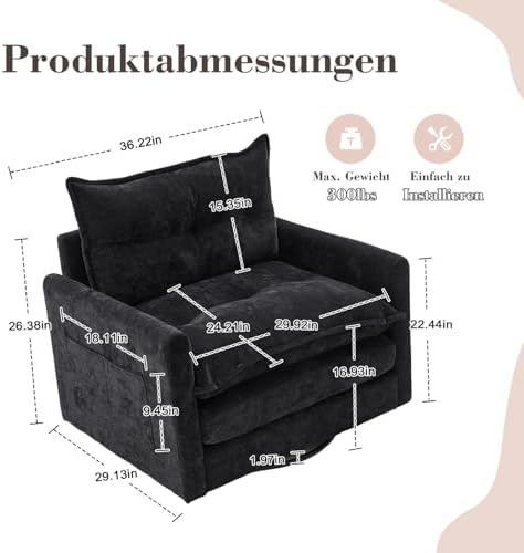 Oversized 360° Swivel Accent Armchair, Nursing Chair and a Half with Side Pockets and Wide armrest, Solid Metal Base, Comfortable Single Sofa Chair for Living Room,Bedroom, Reading Room (Black)