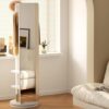68'' x 19" Full Length Mirror with Storage Stand, Solid Wood Floor Large Long 360° Swivel Mirror for Bedroom, Living Room, Cloakroom, Office, Small Space, Small Apartment, Dormitory (White)