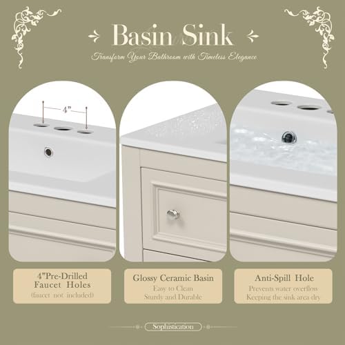 36" Bathroom Vanity with Sink, Bathroom Vanities, FreeStanding Vanity Set with 4 Drawers, Solid Wood Frame Bathroom Cabinet (Beige)