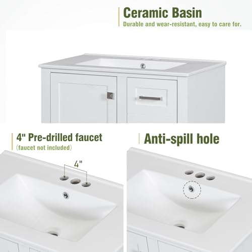 30" Bathroom Vanity with Sink and 4 Drawers & 1 Door Cabinet, Easy Assembly Modern Bathroom Vanities Storage Cabinet for Guest Baths Master Suites or Rental Units (White, 30 Inches)