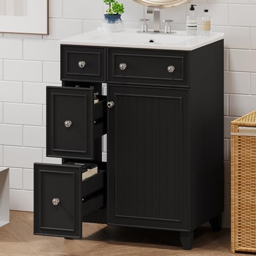 24" Modern Bathroom Vanity with Sink, Sink Cabinet with Ceramic Basin, Bathroom Vanities Cabinet with 2 Drawers & 1 Door (Black)