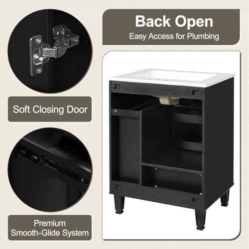 24" Bathroom Vanity with Sink, Bathroom Cabinet with Door Shelf, Deep Drawer, 2-Tier Pull-Out Basket, Solid Wood Frame Bathroom Vanities (Black)