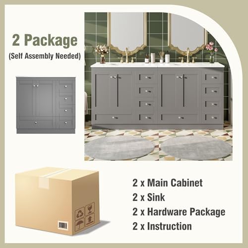 72'' Bathroom Vanities with Ceramic Sink Combo, Freestanding Double Bathroom Vanity Storage Cabinet 4 Soft Closing Doors & 2 Drawers Floor Standing Storage (Grey)