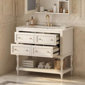 36" Bathroom Vanity with Sink, Bathroom Vanities, FreeStanding Vanity Set with 4 Drawers, Solid Wood Frame Bathroom Cabinet (Beige)