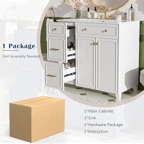 36" Bathroom Vanity with Ceramic Sink, Standard and Double-Layer Drawers, Soft Close Doors, Adjustable Shelves, Modern Storage Cabinet for Small and Medium Bathrooms (White)