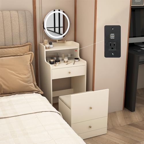 3 in 1 Vanity Desk with Flip Top Mirror, Small Make Up Vanity Set with Mirror and Lights, Compact Makeup Vanities with 2 Drawers, Cushioned Stool, Dressing Table for Bedroom (Light Yellow)