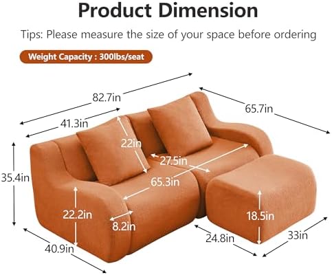 82'' L Shaped Couch | Boneless Couches for Living Room with 1 Ottoman | Modular Sectional Couch in A Box | 32D High Density Sponge | Curved Armrest Sofa (Orange, 2Seater + 1 Otto)