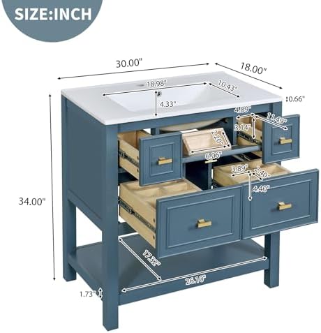 30" Bathroom Vanity with Sink Set, Vintage Bathroom Cabinet Vanity with Ceramic Basin, Extra Large Storage 5 Drawers, Solid Wood Frame Storage Cabinet (Blue)
