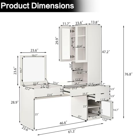 Large Versatile Makeup Vanity Desk with Mirror and Charging Station, Home Office Desk, Dressing Table with 8 Hidden Storage Compartments, Computer Desk with 3 Drawers, 2 Cabinets and Open Shelves