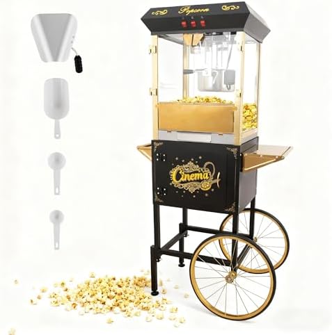 Upgraded 16oz Commercial Popcorn Machine with Cart, 850W Large Vintage Popcorn Maker for 15-20 People, Pop Corn Machine Makes Up to 80 Cups for Home Party(Black)