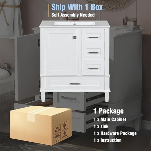 30" Bathroom Vanity with Sink and 4 Drawers & 1 Door Cabinet, Easy Assembly Modern Bathroom Vanities Storage Cabinet for Guest Baths Master Suites or Rental Units (White, 30 Inches)