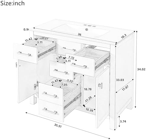 36'' Bathroom Vanity with Ceramic Sink Combo Set, Modern Freestanding Single Bathroom Cabinet with 4 Drawers & 2 Cabinets, Storage Cabinet, Solid Wood Frame Vanity Set (Black)