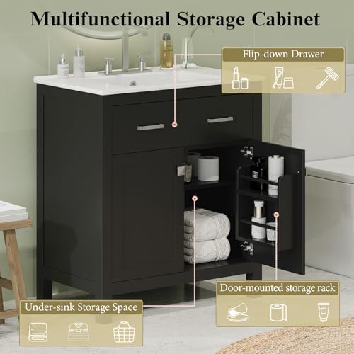 60" Modern Bathroom Vanity with Double Vanities, Double Ceramic Sinks, Adjustable Shelf, Soft Close Doors and Flip Drawer, Large Bathroom Vanity Sink Set (Black)