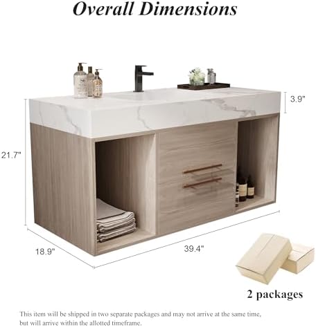 39.4'' Bathroom Vanity with Sink, Floating Ceramic Sink Bathroom Vanity with Countertop Multi-Layer Solid Wood Cabinet Soft-Close Drawers Open Shelf Storage (Oak, 39.4''-Countertop)