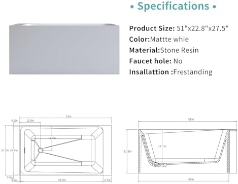 51'' Solid Surface Freestanding Bathtub, Stone Resin Stand Alone Soaking Tub, Modern Rectangular Freestanding Tubs with Overflow, Pop-up Drain, Thick Edge, Matte White