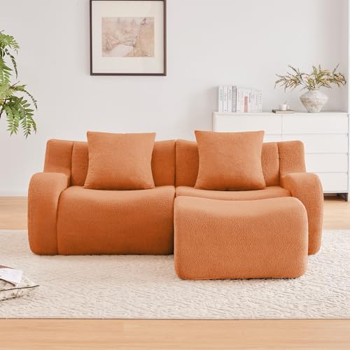 82'' L Shaped Couch | Boneless Couches for Living Room with 1 Ottoman | Modular Sectional Couch in A Box | 32D High Density Sponge | Curved Armrest Sofa (Orange, 2Seater + 1 Otto)