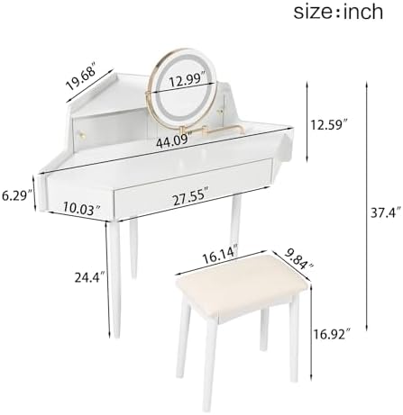 Corner Vanity Desk with Lighted Mirror, 44" Modern Fluted Makeup Vanity Desk with Adjustable Folding Mirror, Stool, Bedroom Dressing Table for Women, Small Place (White)